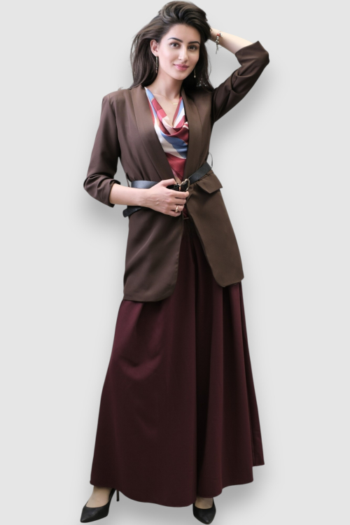 Tamno smeđi dugi ženski sako Casey s remenom