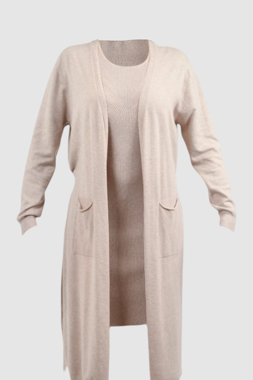 Ženski bež komplet kardigan s haljinom Almond
