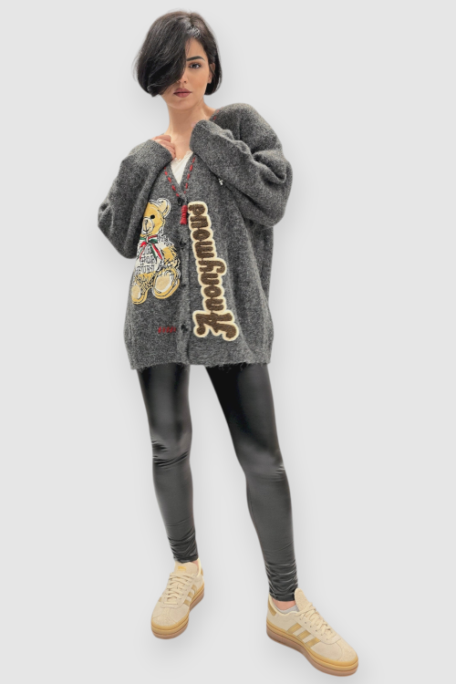 Ženski sivi džemper na kopčanje Bindi s V-izrezom i aplikacijom medvjedića