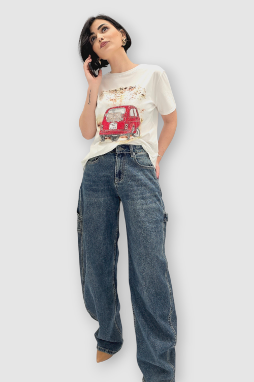 Ženska pamučna bijela majica kratkih rukava sa cirkonima i printom Mona