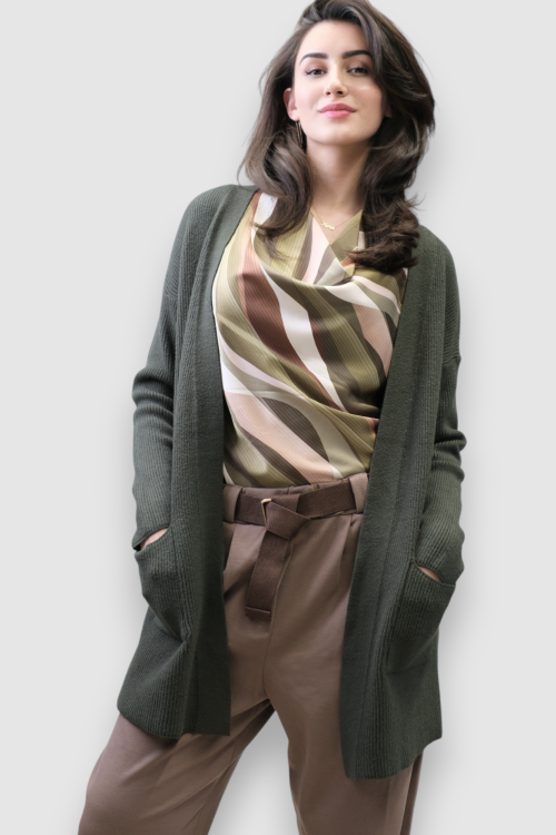 Ženski kratki kardigan Jossie u tamno zelenoj boji