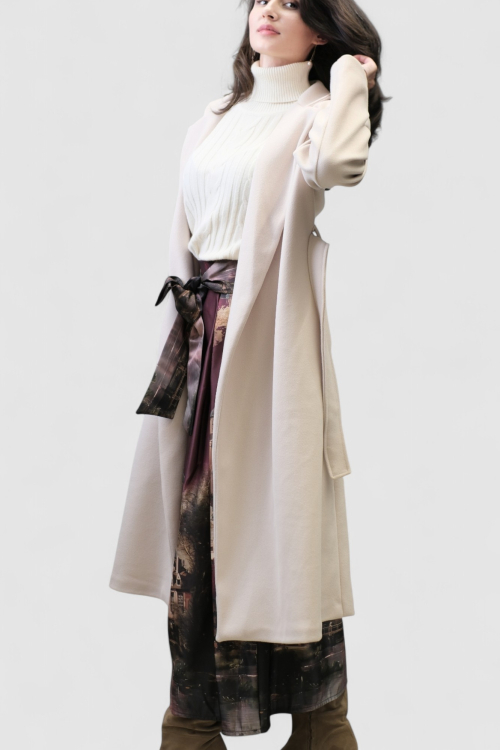 Ženski elegantni dugi bež kaput Fenton s remenom