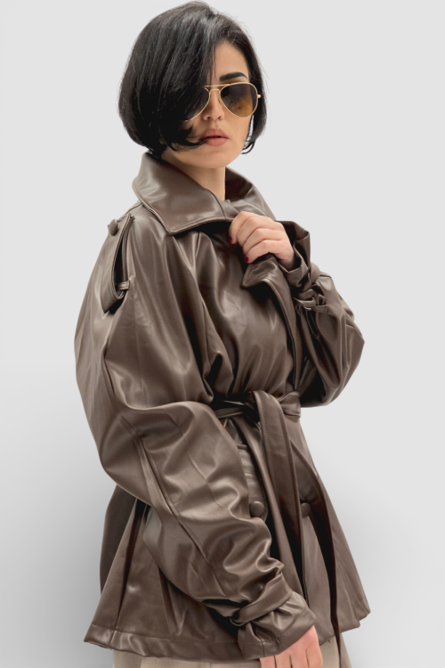 Ženska trendi smeđa oversized jakna Ember u imitaciji kože