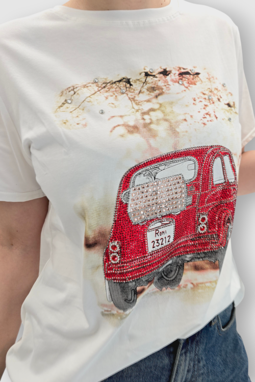 Ženska pamučna bijela majica kratkih rukava sa cirkonima i printom Mona