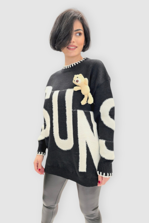 Ženski crni oversized džemper Carmen s medvjedićem