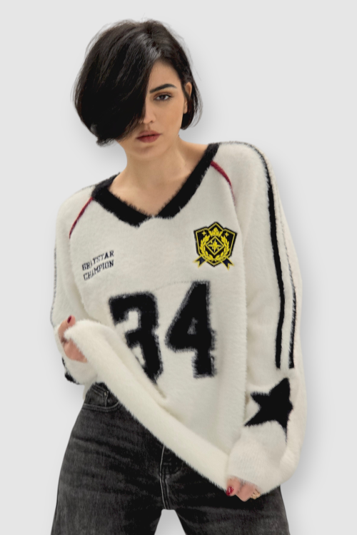 Ženski bijeli džemper Beverly s V-izrezom i retro printom