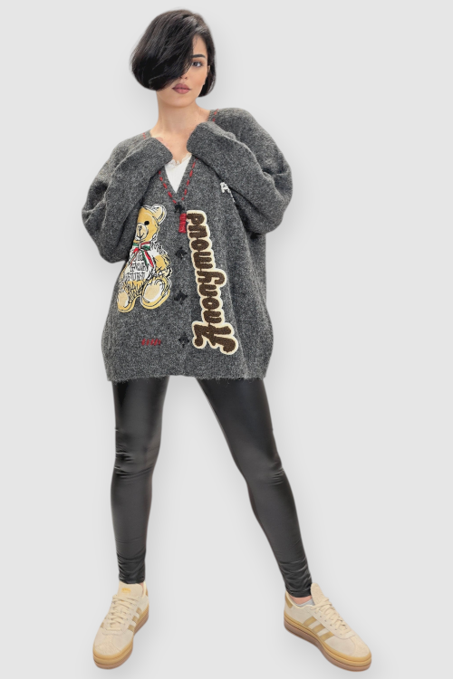 Ženski sivi džemper na kopčanje Bindi s V-izrezom i aplikacijom medvjedića