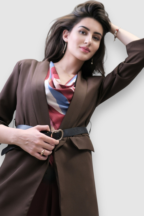 Tamno smeđi dugi ženski sako Casey s remenom