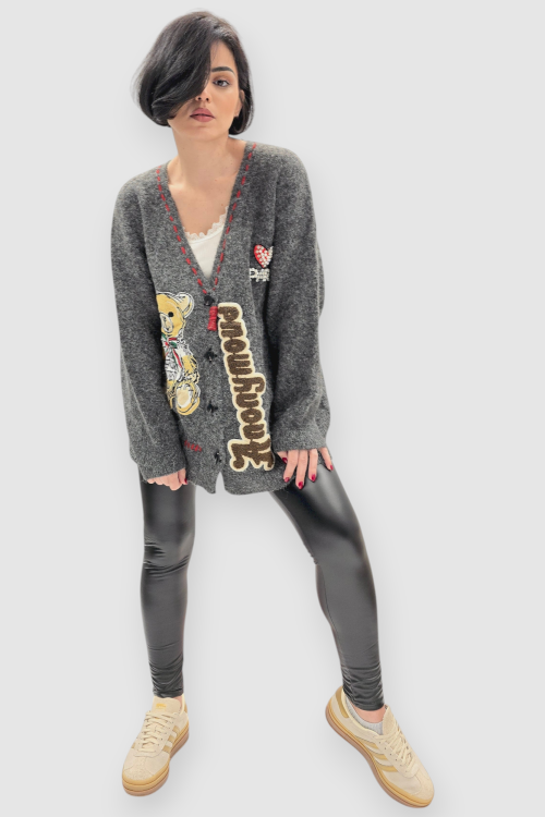 Ženski sivi džemper na kopčanje Bindi s V-izrezom i aplikacijom medvjedića