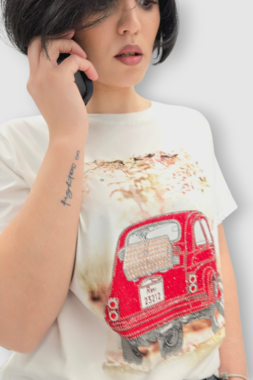 Ženska pamučna bijela majica kratkih rukava sa cirkonima i printom Mona