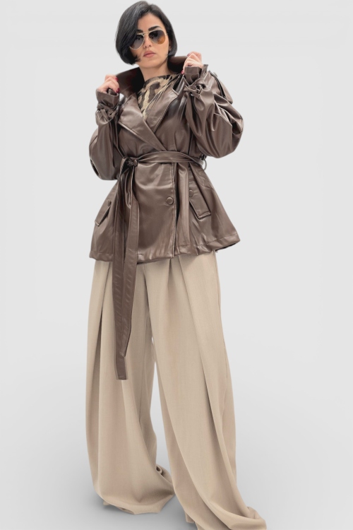 Ženska trendi smeđa oversized jakna Ember u imitaciji kože