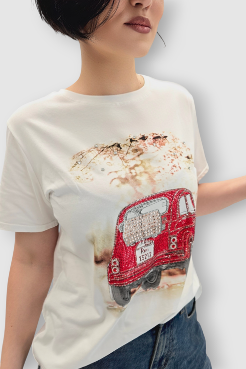 Ženska pamučna bijela majica kratkih rukava sa cirkonima i printom Mona