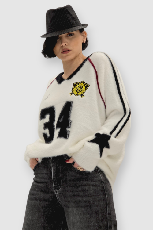 Ženski bijeli džemper Beverly s V-izrezom i retro printom