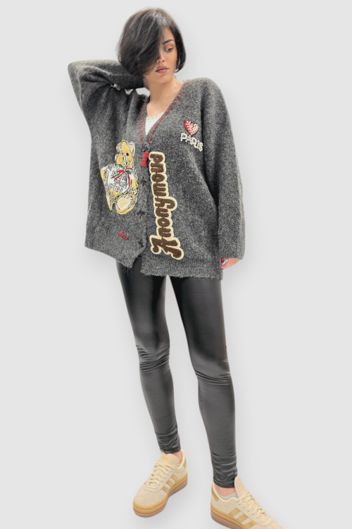 Ženski sivi džemper na kopčanje Bindi s V-izrezom i aplikacijom medvjedića