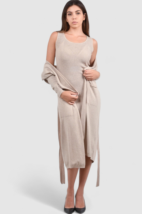Ženski bež komplet kardigan s haljinom Almond