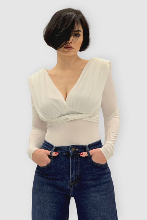 Bijela naborana majica Etta s jastučićima na ramenima i križanim dekolteom