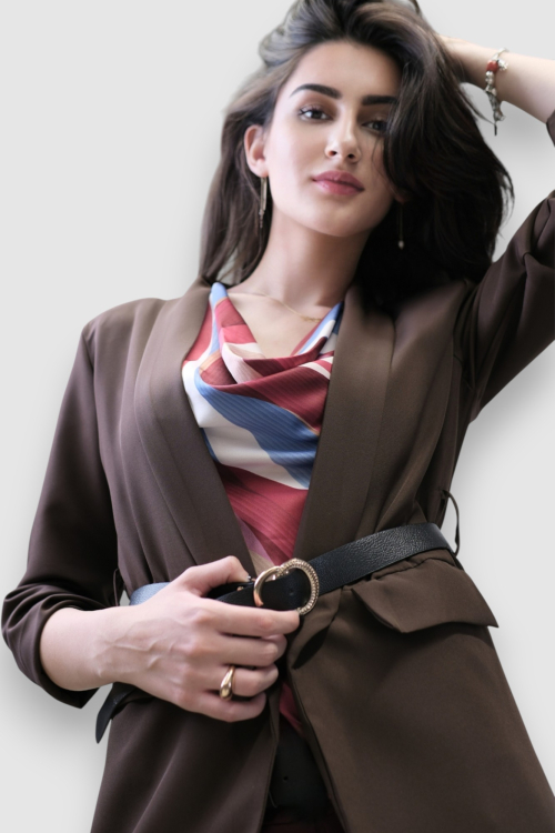 Tamno smeđi dugi ženski sako Casey s remenom