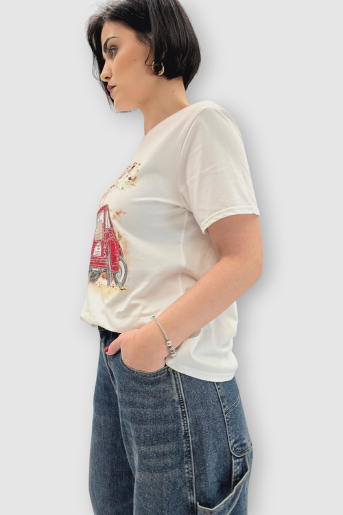 Ženska pamučna bijela majica kratkih rukava sa cirkonima i printom Mona