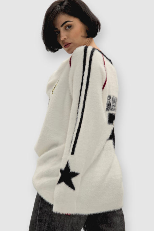 Ženski bijeli džemper Beverly s V-izrezom i retro printom