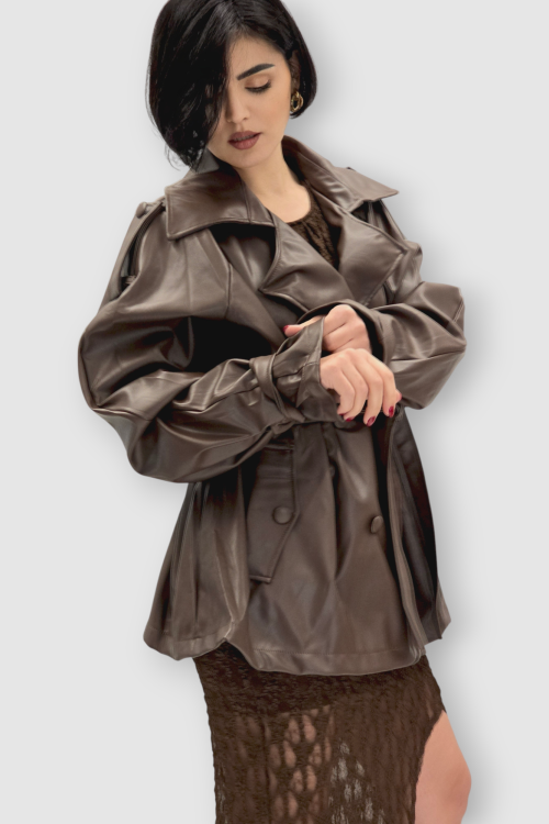 Ženska trendi smeđa oversized jakna Ember u imitaciji kože