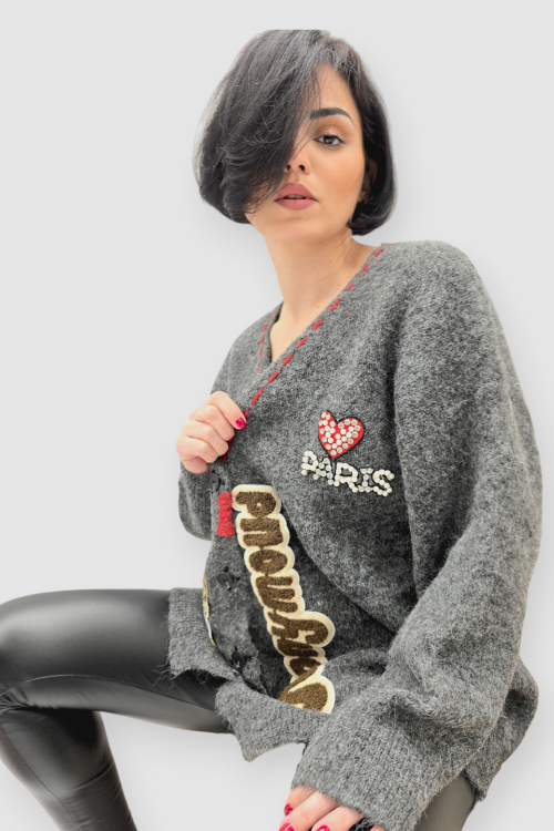 Ženski sivi džemper na kopčanje Bindi s V-izrezom i aplikacijom medvjedića