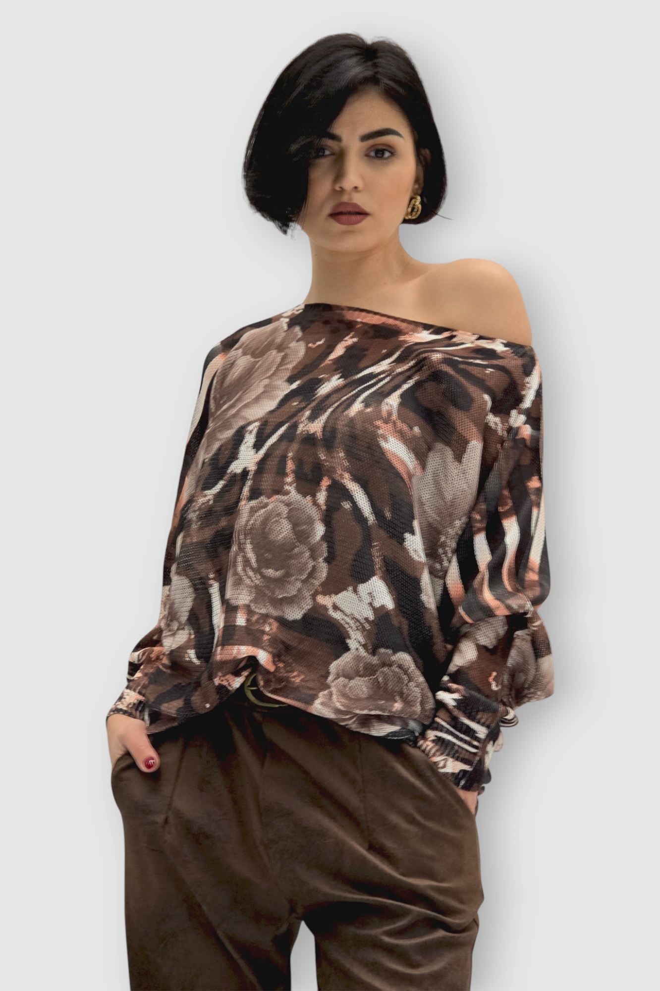 Ženska bordo končana majica Faye dugih rukava sa cvjetnim printom