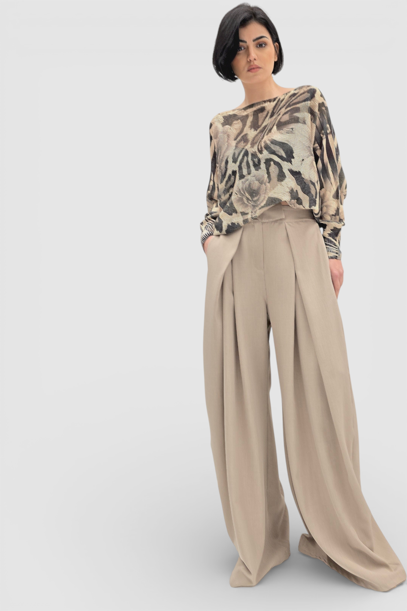 Ženska bež končana majica Faye dugih rukava sa cvjetnim printom