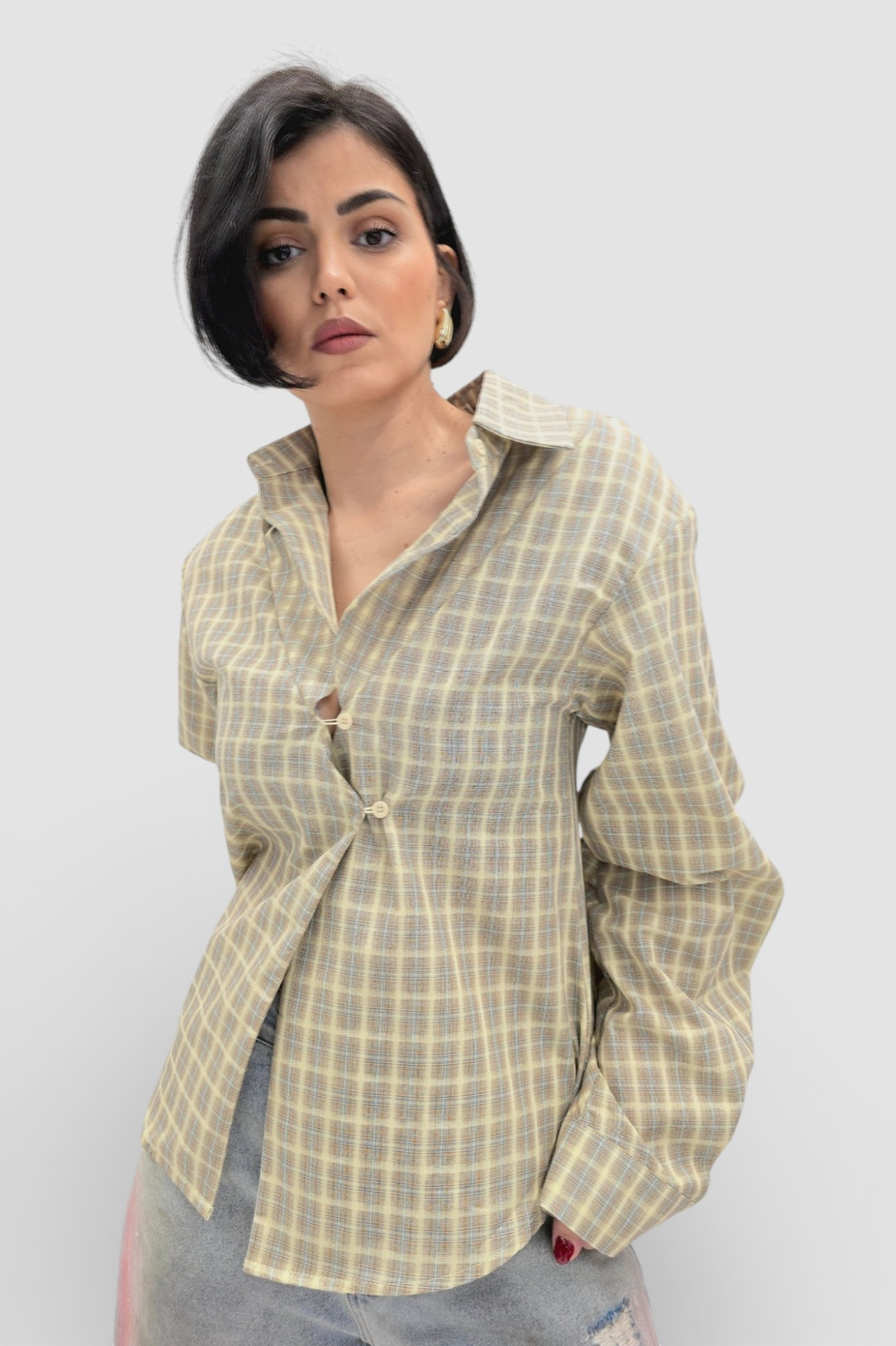 Trendi bež karirana strukirana košulja Lauren sa efektom preklopa i širokim rukavima