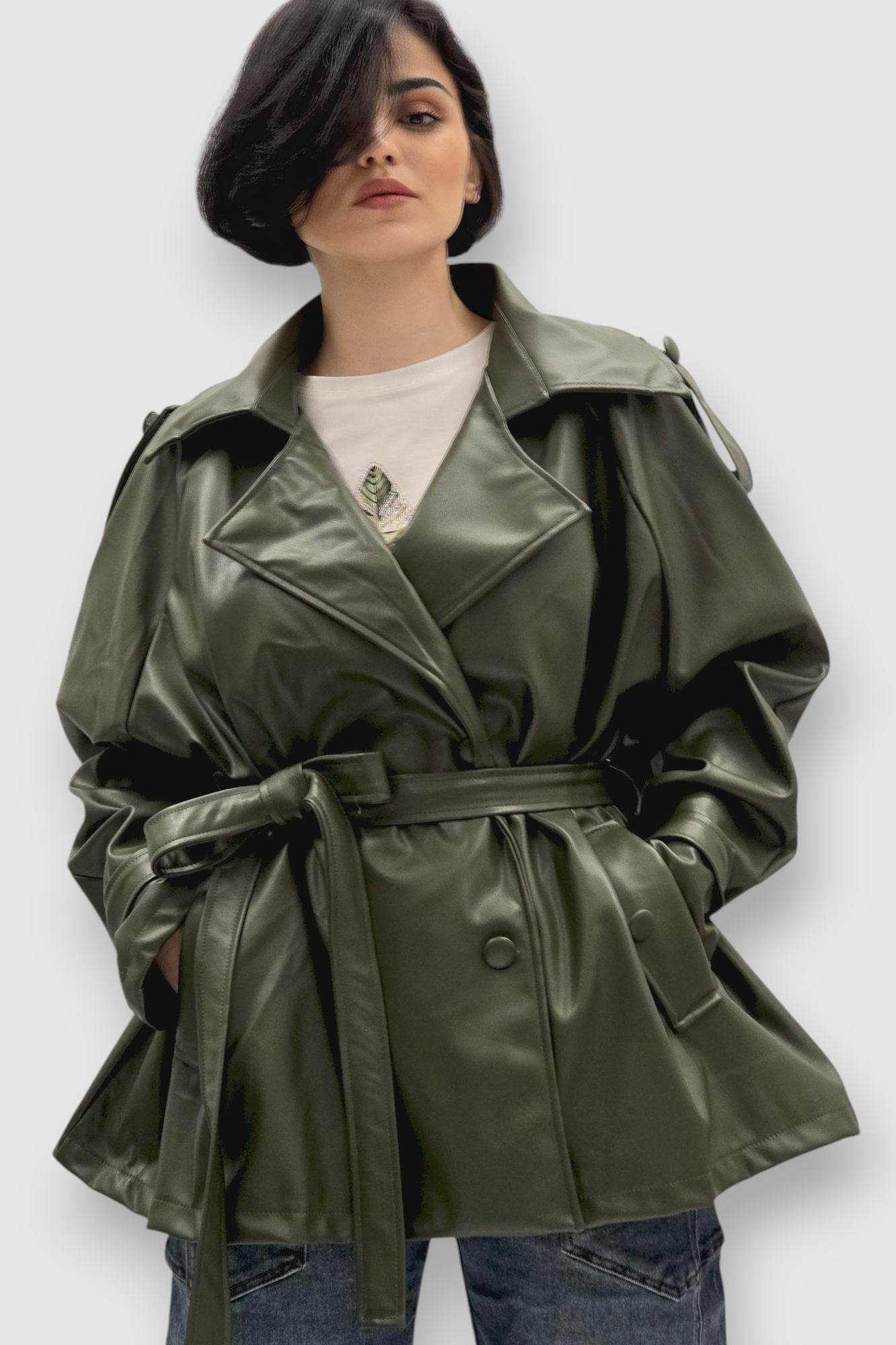 Ženska trendi tamno zelena oversized jakna Ember u imitaciji kože