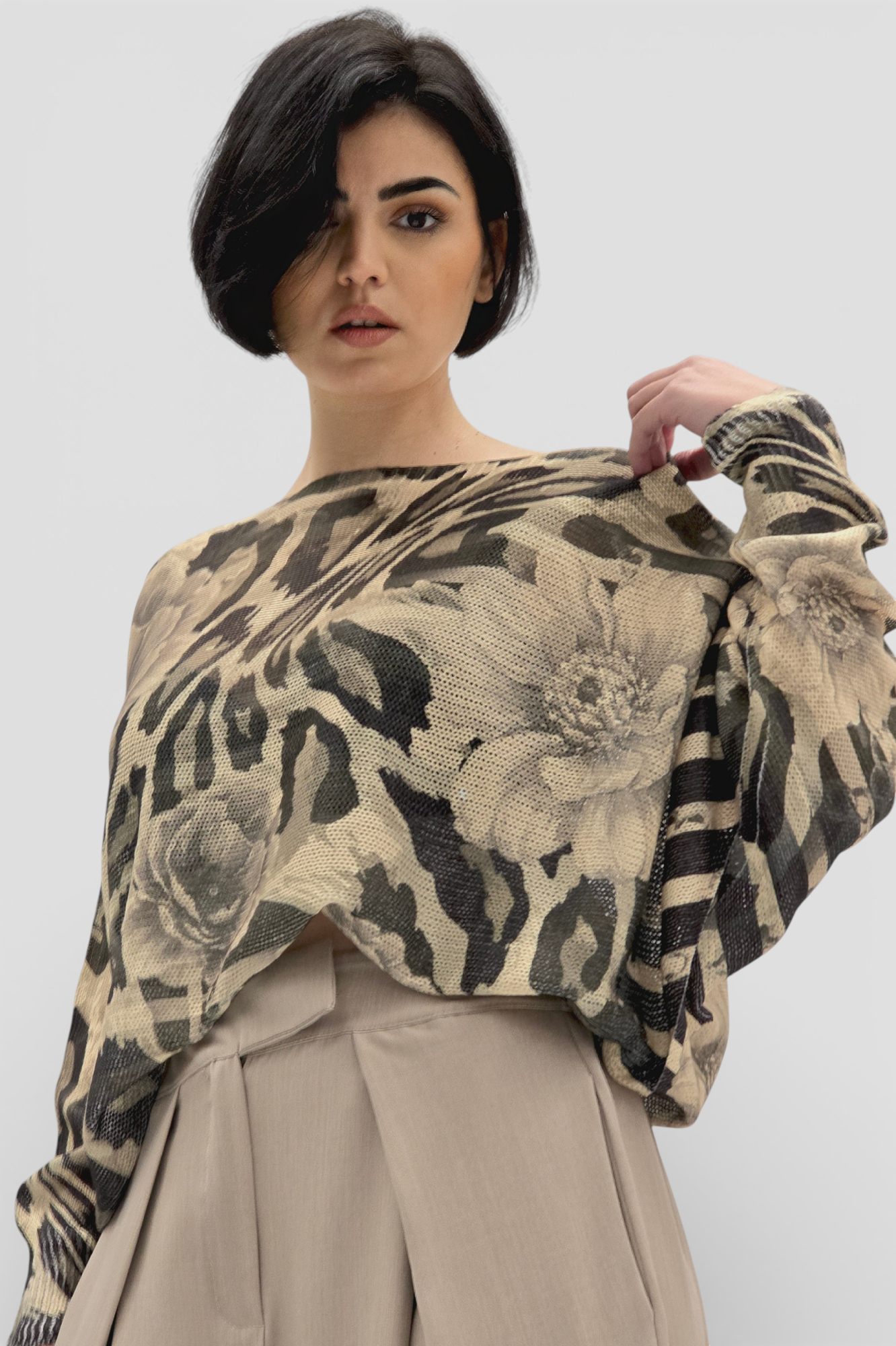 Ženska bež končana majica Faye dugih rukava sa cvjetnim printom