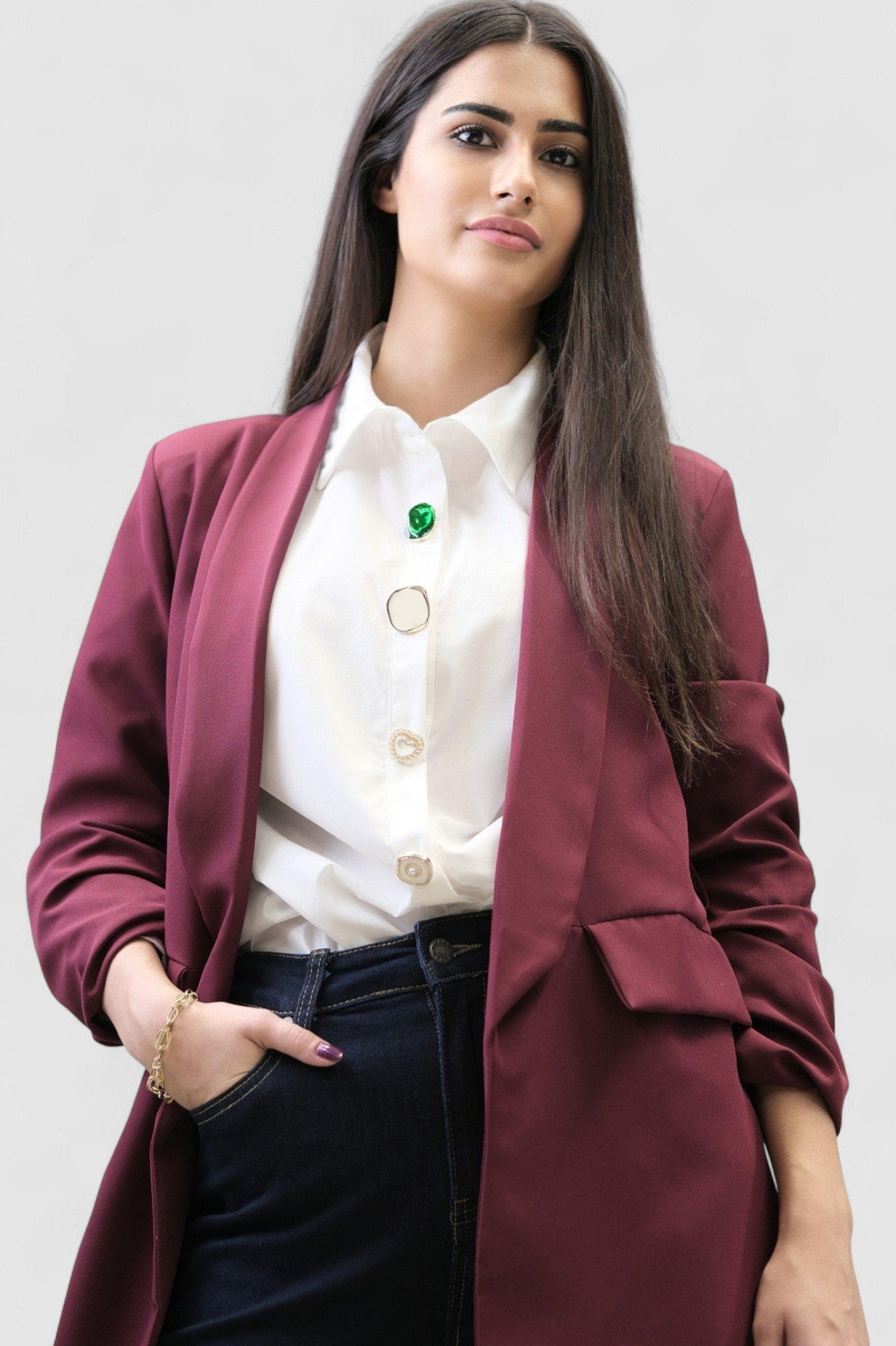 Ženski bordo dugi sako Casey s remenom