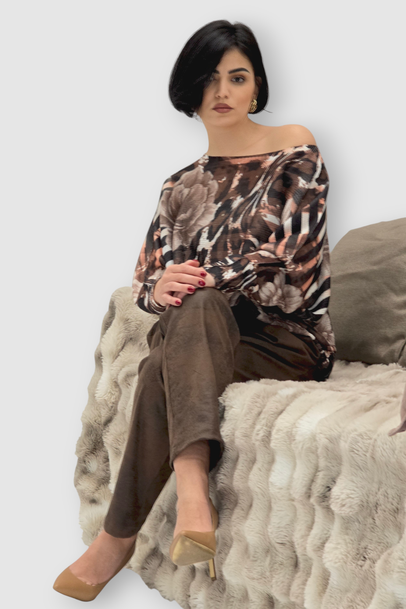 Ženska bordo končana majica Faye dugih rukava sa cvjetnim printom