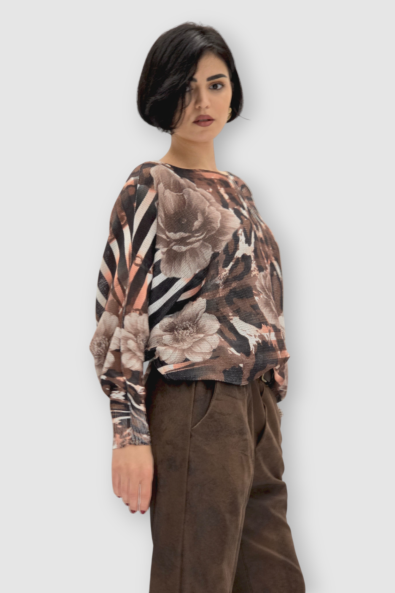 Ženska bordo končana majica Faye dugih rukava sa cvjetnim printom