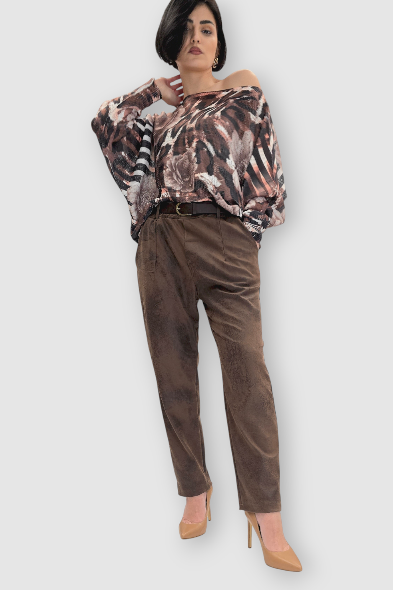 Ženska bordo končana majica Faye dugih rukava sa cvjetnim printom