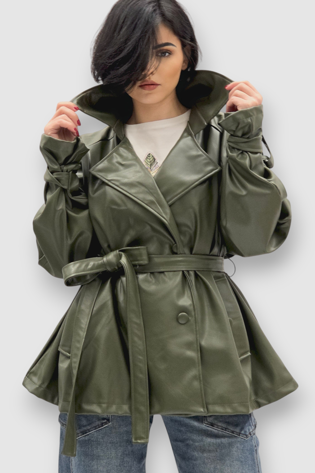 Ženska trendi tamno zelena oversized jakna Ember u imitaciji kože