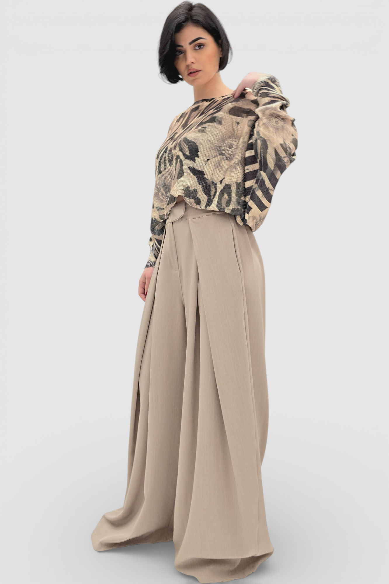 Ženska bež končana majica Faye dugih rukava sa cvjetnim printom