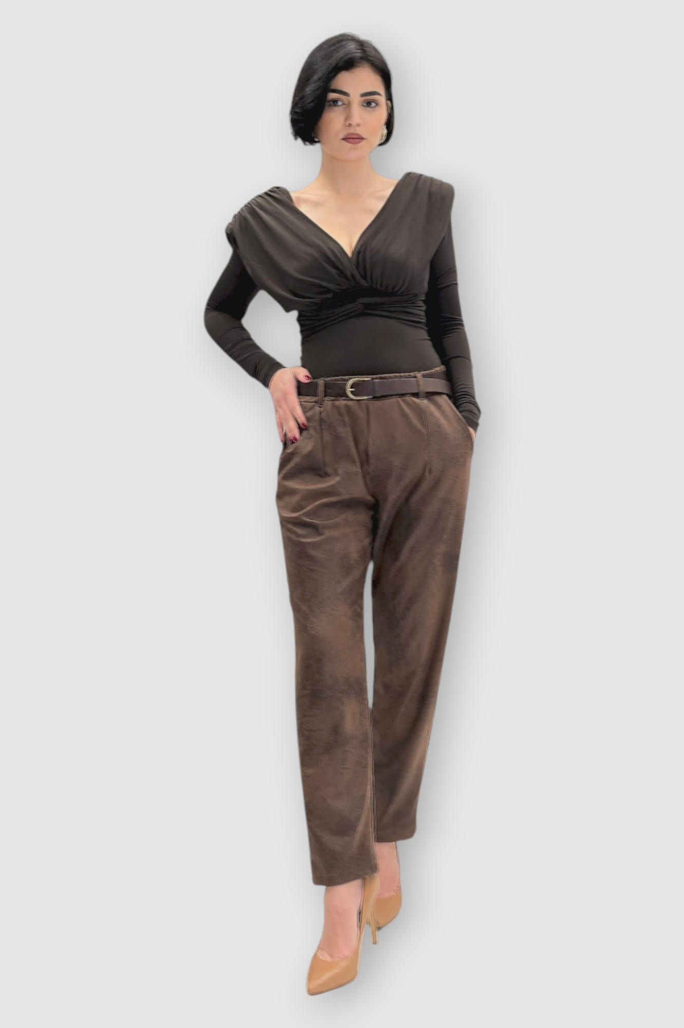 Smeđe vintage hlače Irina od brušene kože u baggy kroju