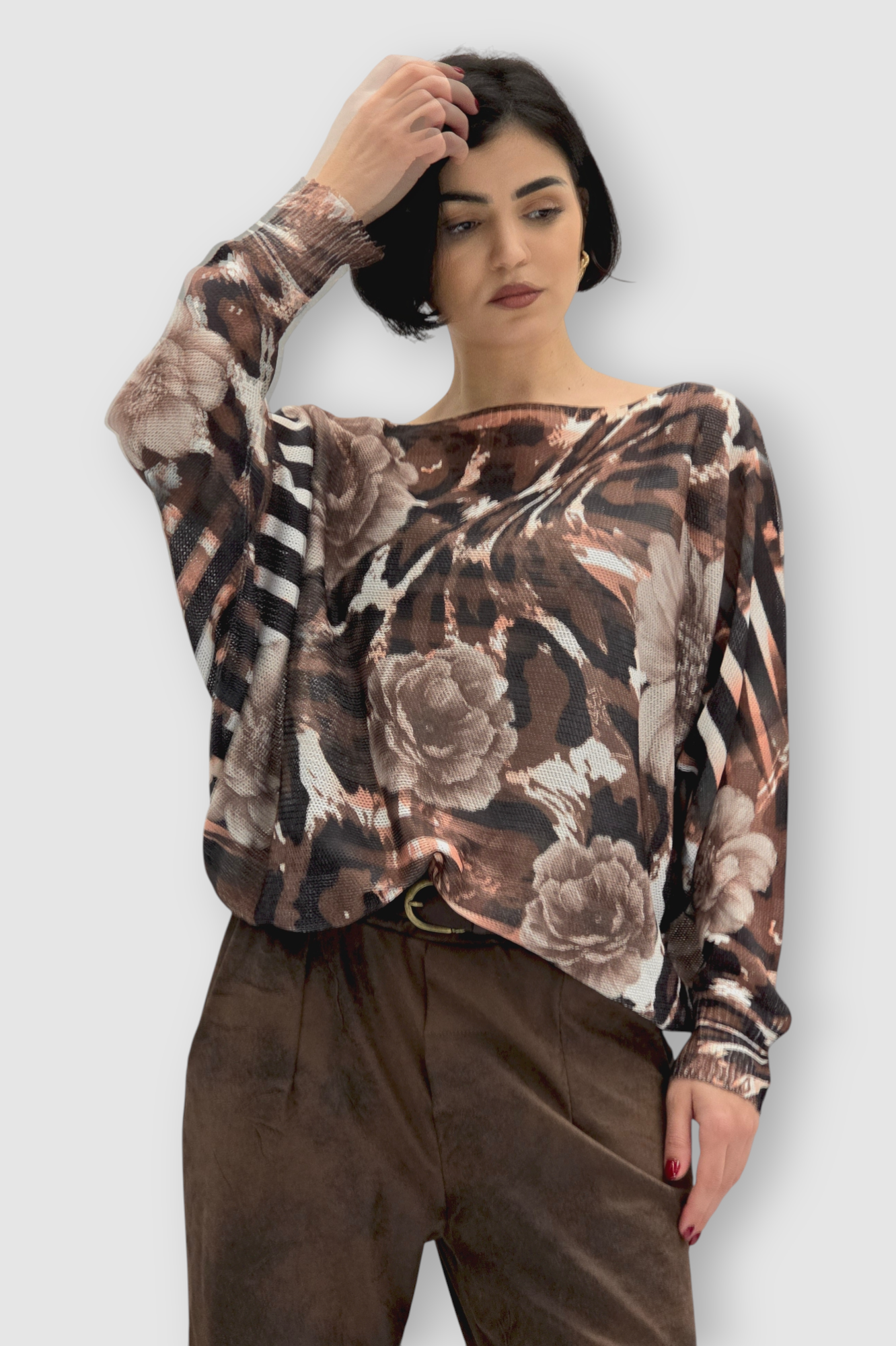 Ženska bordo končana majica Faye dugih rukava sa cvjetnim printom