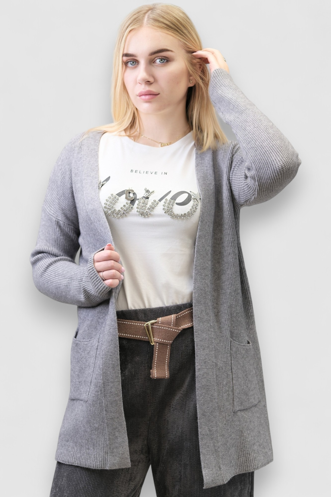 Ženski sivi kratki kardigan Jossie