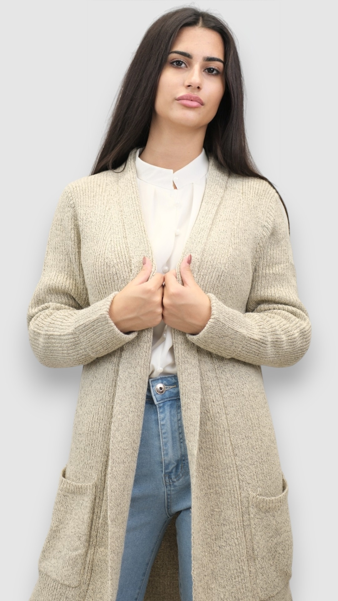 Ženski bež dugi kardigan Delphinia