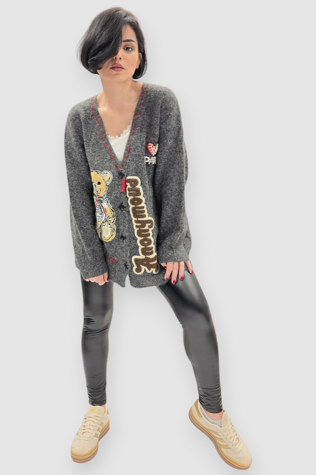 Ženski sivi džemper na kopčanje Bindi s V-izrezom i aplikacijom medvjedića