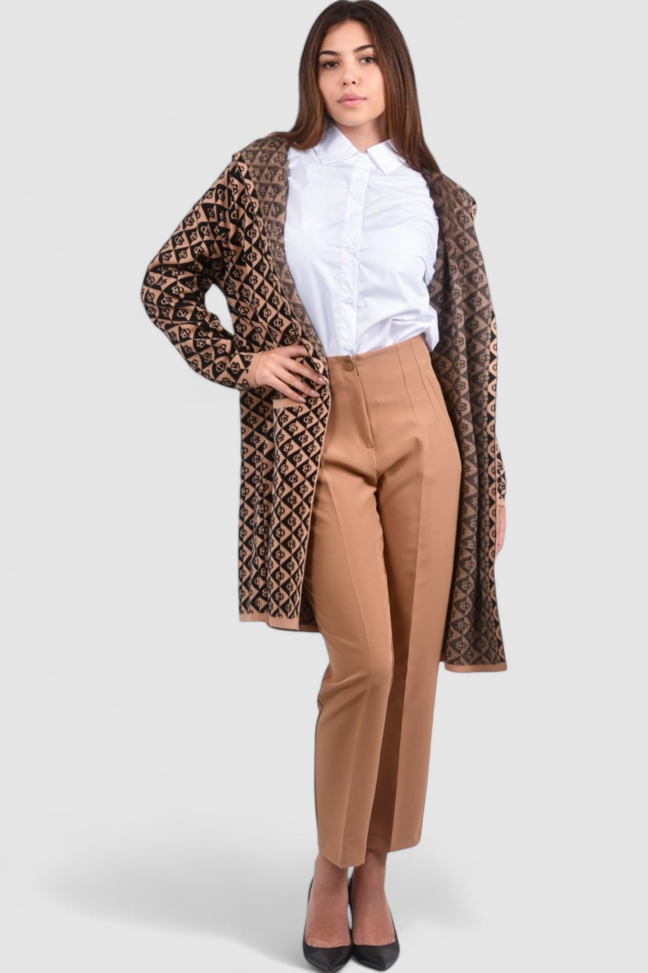 Ženski smeđi dugi kardigan Geode