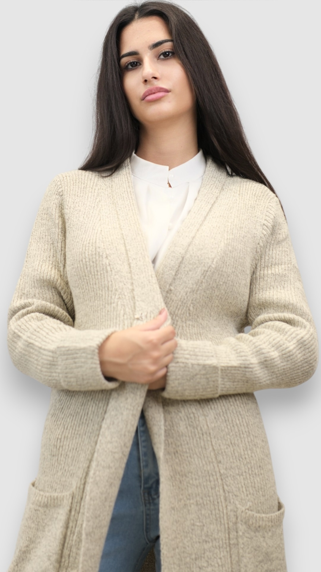 Ženski bež dugi kardigan Delphinia