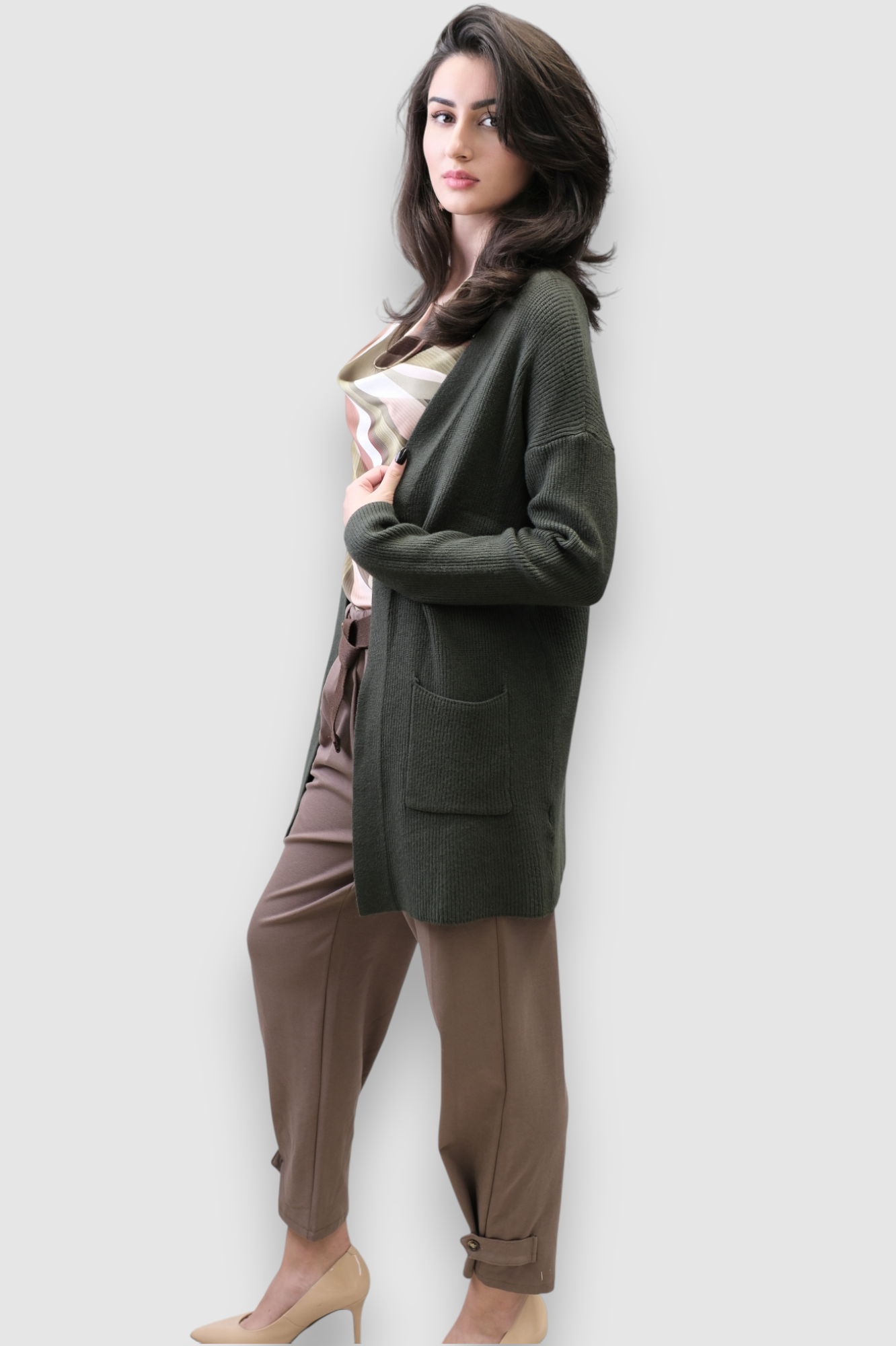 Ženski kratki kardigan Jossie u tamno zelenoj boji