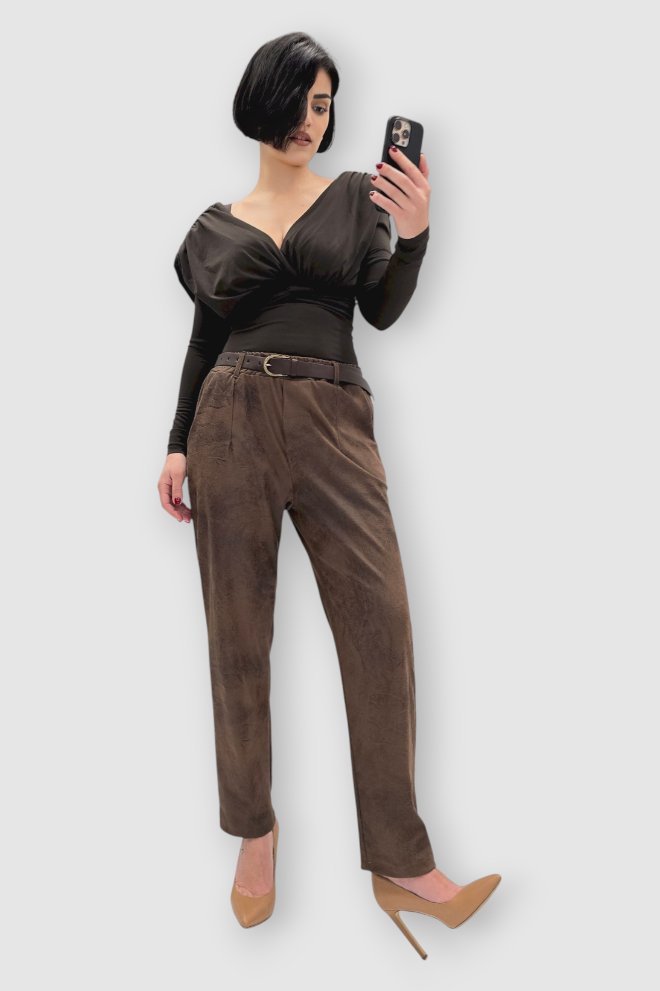 Smeđe vintage hlače Irina od brušene kože u baggy kroju