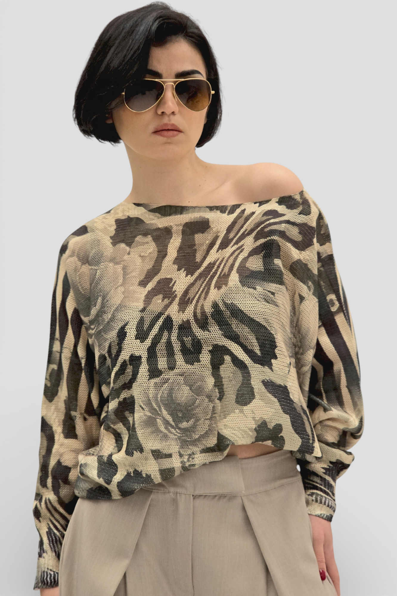 Ženska bež končana majica Faye dugih rukava sa cvjetnim printom