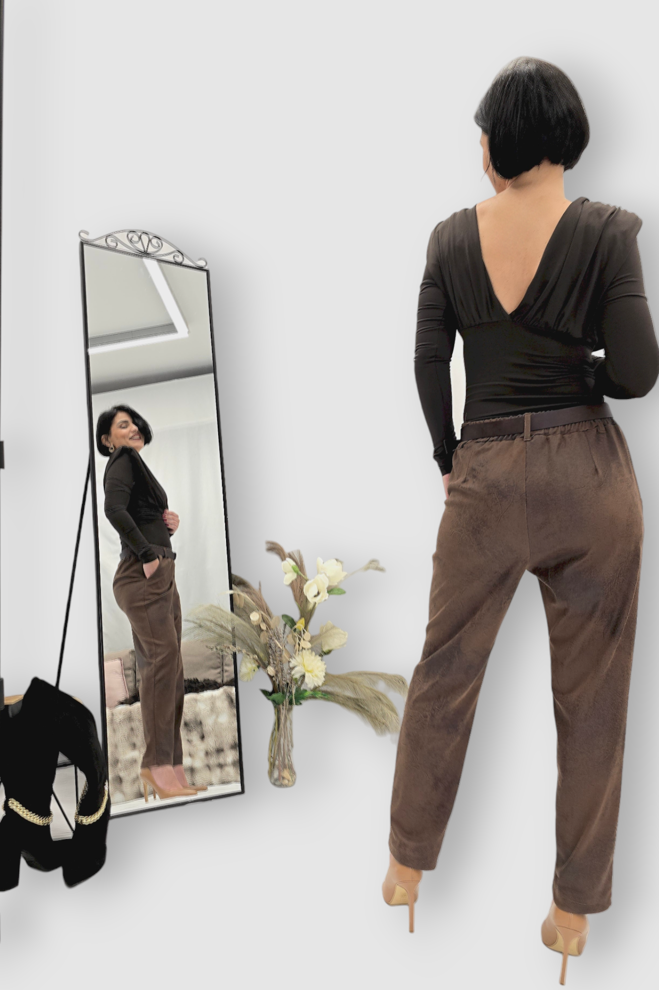 Smeđe vintage hlače Irina od brušene kože u baggy kroju