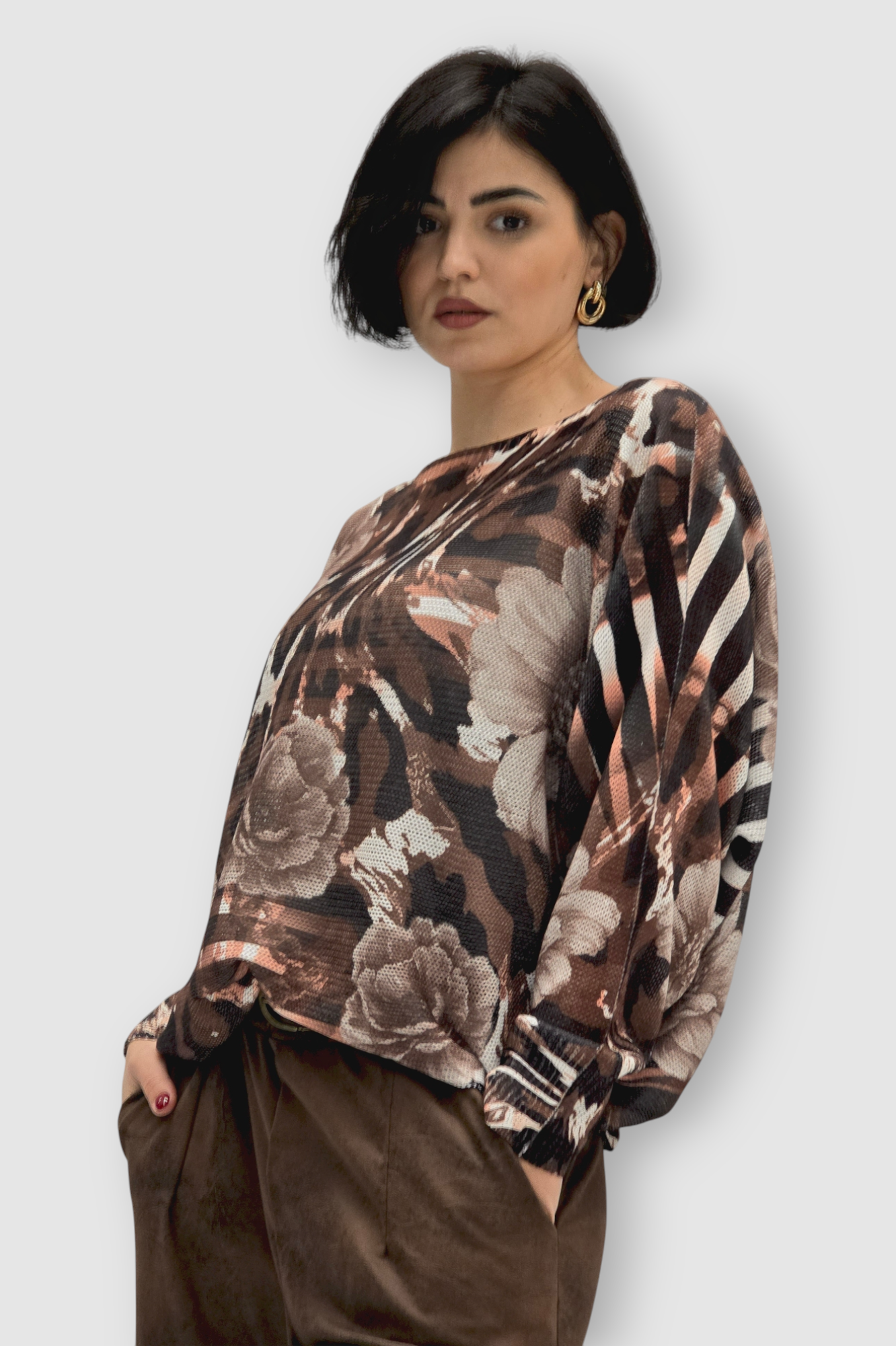 Ženska bordo končana majica Faye dugih rukava sa cvjetnim printom