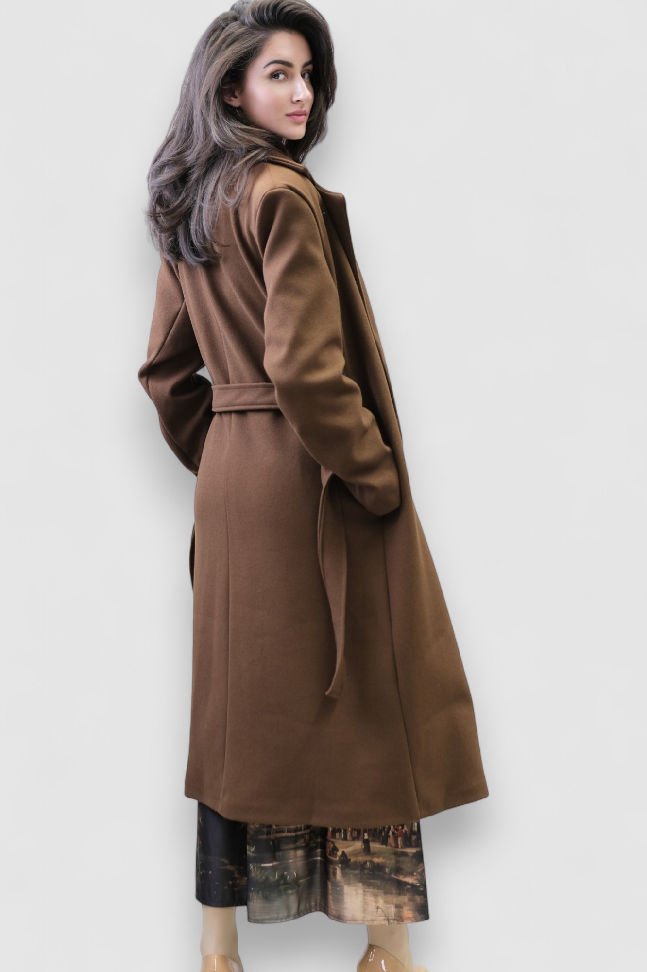 Ženski elegantni dugi smeđi kaput Fenton