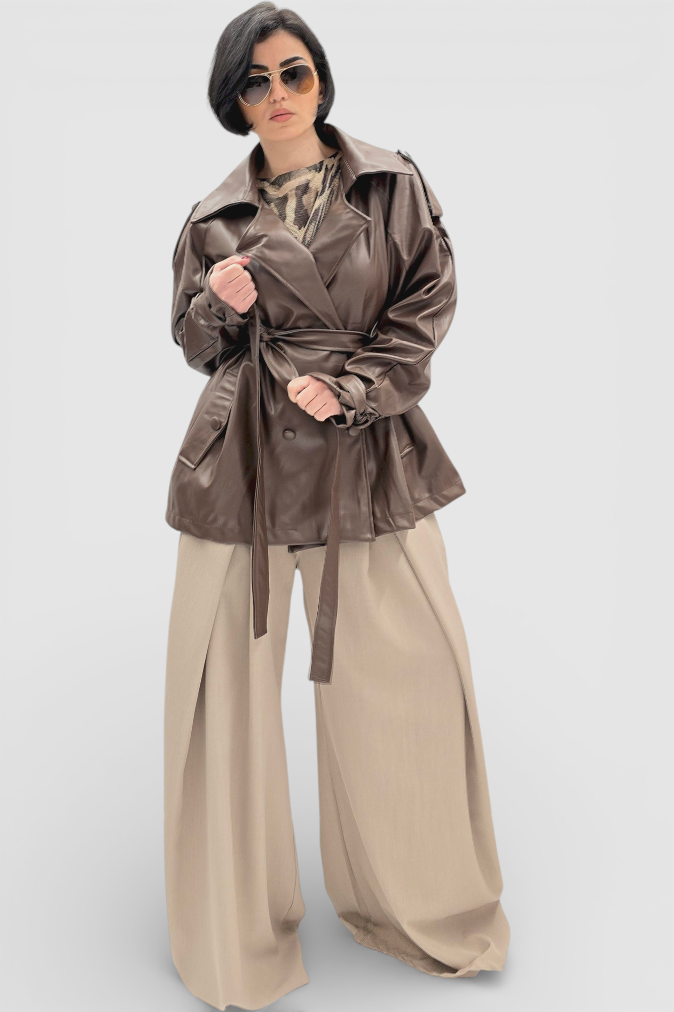 Ženska trendi smeđa oversized jakna Ember u imitaciji kože